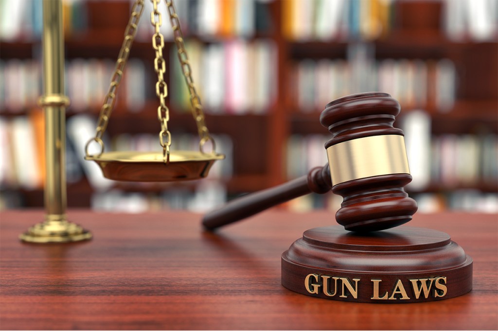 A gavel rests on a block that says gun laws
