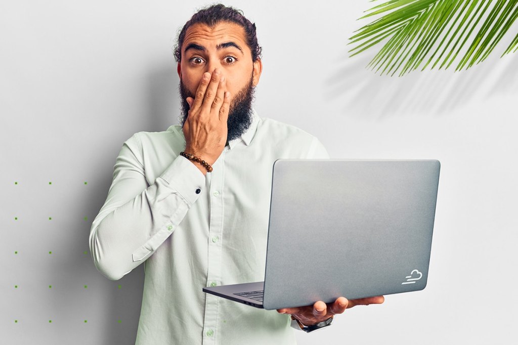 Man covering mouth in shock that he said something he should not have in his property marketing