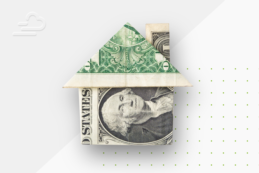 A dollar bill folded into the shape of a house, representing where every $1 of rent goes