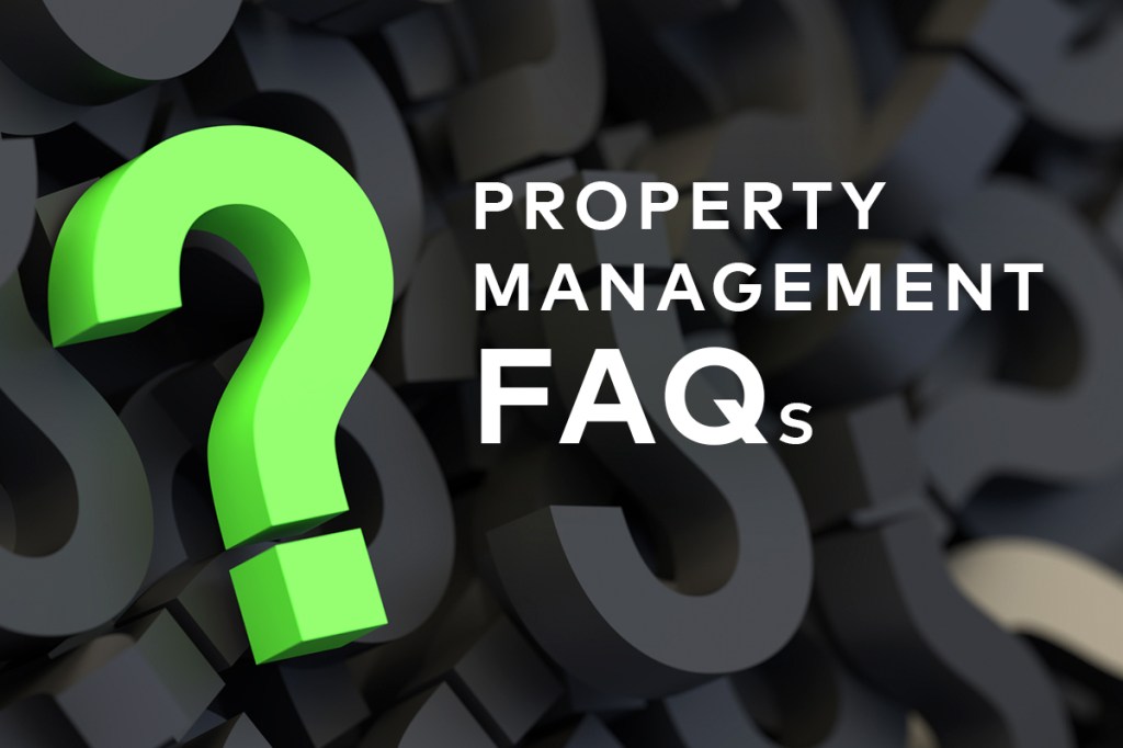 Graphic of question mark and text that says property management FAQs