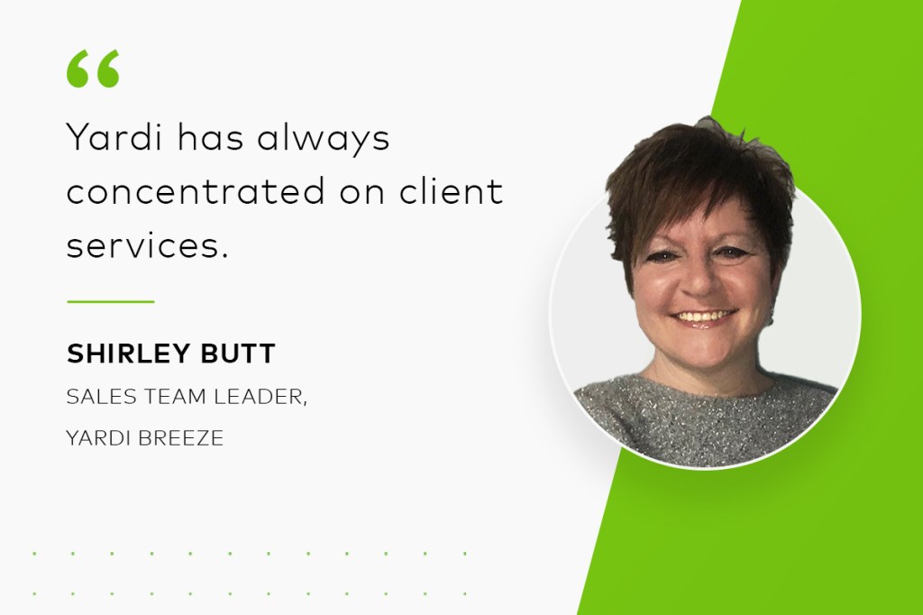 Headshot of Shirley Butt, sales team leader at Yardi Breeze, with quote: "Yardi has always concentrated on client services."