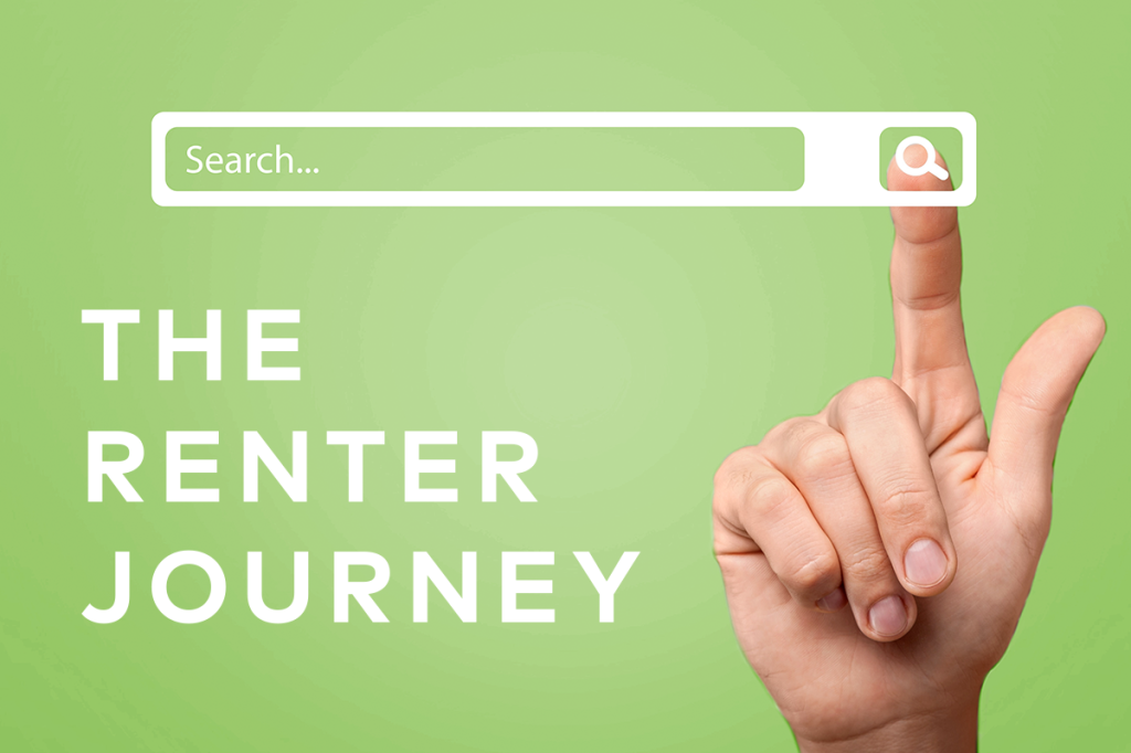 Hand pointing at a search bar with text "The Renter Journey," introducing how renters search online in this property management guide