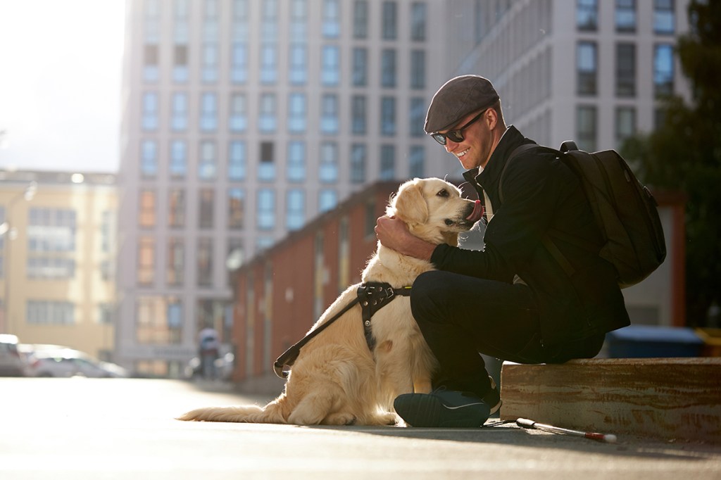 Man sitting outdoors on a bench with his assistance animal