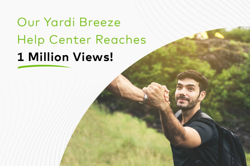 Image of man clasping hands with someone off-screen. Text reads, "Our Yardi Breeze Help Center Reaches 1 Million Views"