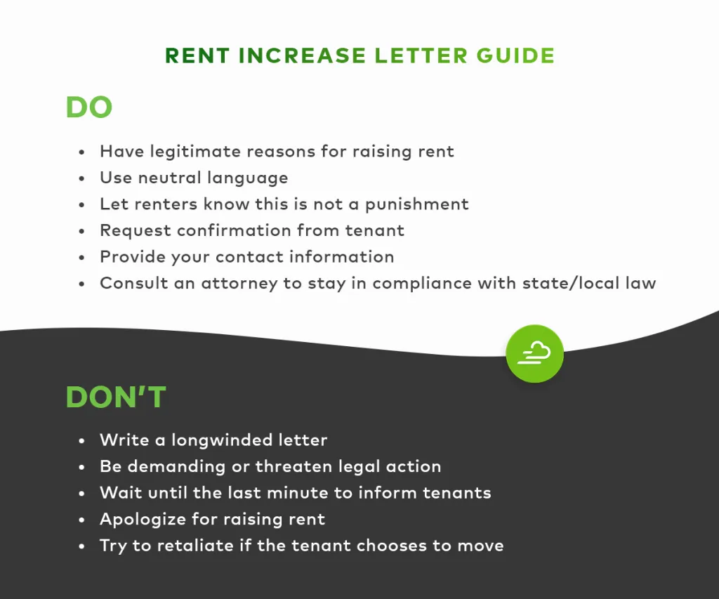 Rent Increase Letter Guide 

Do
Have legitimate reasons for raising rent,
Use neutral language,
Let renters know this is not a punishment,
Request confirmation from tenant,
Provide your contact information,
Consult an attorney to stay in compliance with state/local law.
Don’t
Write a longwinded letter,
Be demanding or threaten legal action,
Wait until the last minute to inform tenants,
Apologize for raising rent,
Try to retaliate if the tenant chooses to move.
