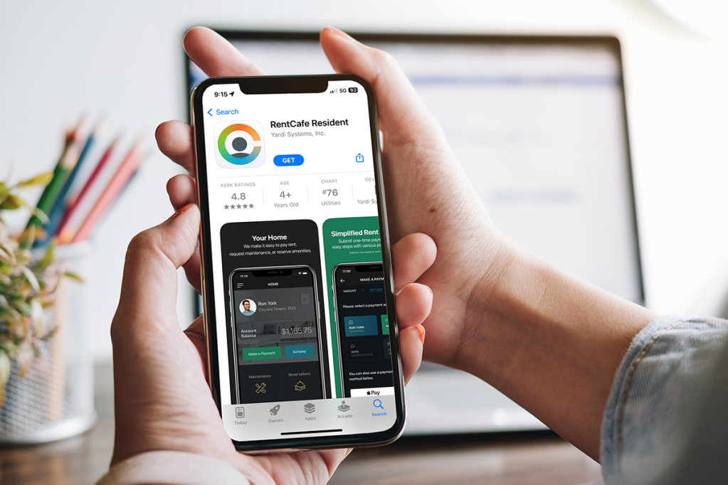 Image of phone with RentCafe Resident App