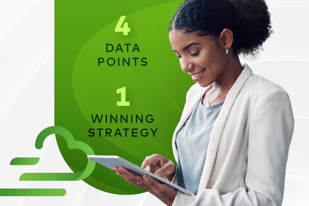 Woman looking at tablet; text overlay reads "4 data points, 1 winning strategy"