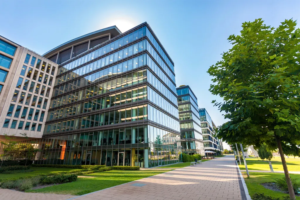 Office buildings by a park