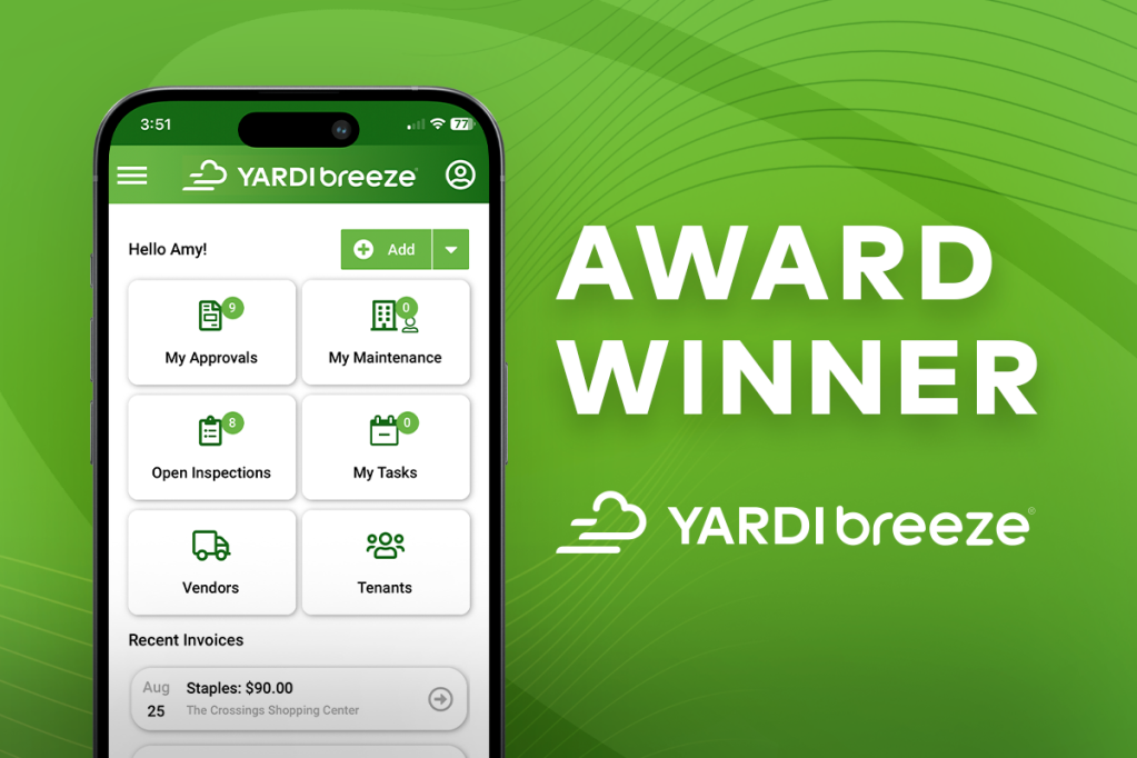 Yardi Breeze Award Winner: image of phone with Breeze app on it
