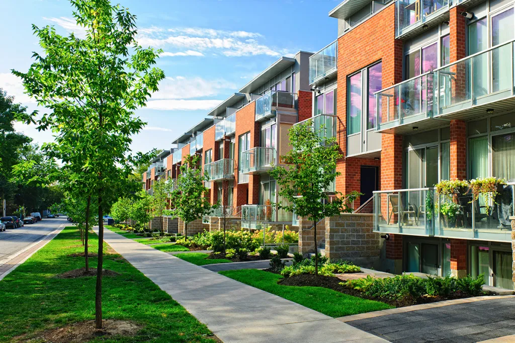 Multifamily building exterior on sunny day